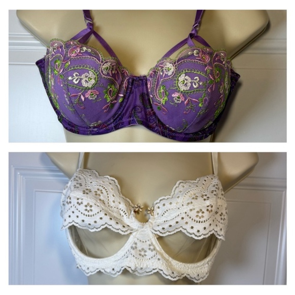 Savage X Fenty 36C Purple and White Lace Embroidered Brass (2Pcs)